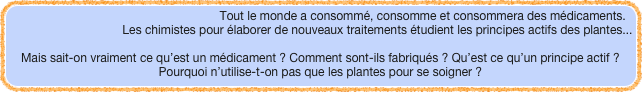 Tout le monde a consommé, consomme et consommera des médicaments.
Les chimistes pour élaborer de nouveaux traitements étudient les principes actifs des plantes... 

Mais sait-on vraiment ce qu’est un médicament ? Comment sont-ils fabriqués ? Qu’est ce qu’un principe actif ? Pourquoi n’utilise-t-on pas que les plantes pour se soigner ?